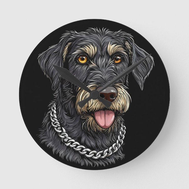 Reloj Redondo Mediano Perro Negro Con Collar de Cadena (Anverso)