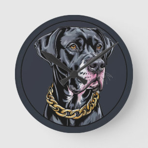 Reloj Redondo Mediano Perro Negro de Lujo con Cadena de Oro