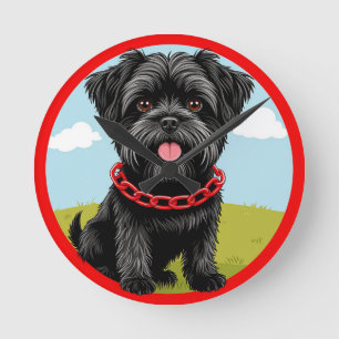 Reloj Redondo Mediano Perro negro lindo con collar rojo en estilo de dib