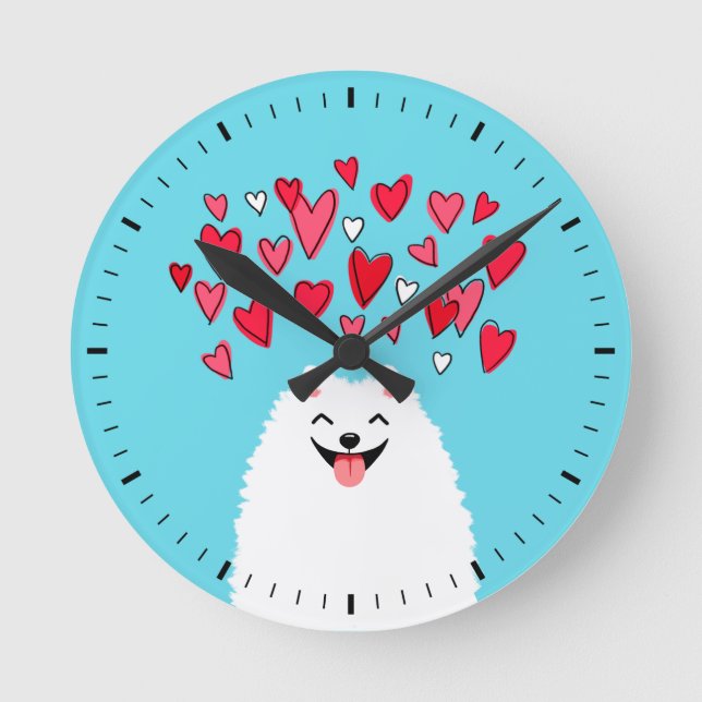 Reloj Redondo Mediano Perro panomerano blanco con corazón (Anverso)