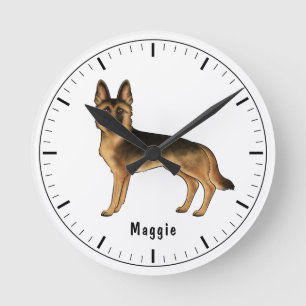 Reloj Redondo Mediano Perro Pastor Alemán de color negro y fuego con tex