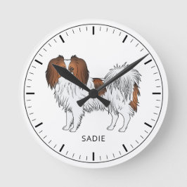 Reloj Redondo Mediano Perro Phalène Cartoon de color sable rojo con text