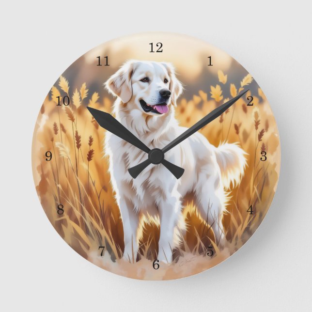 Reloj Redondo Mediano Perro Retriever Dorado Blanco (Anverso)