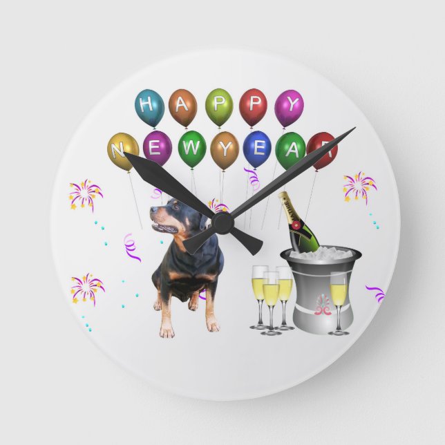 Reloj Redondo Mediano Perro Rottweiler Feliz Año Nuevo (Anverso)