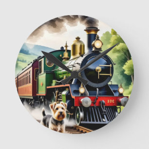 Reloj Redondo Mediano Perro saludando tren de vapor