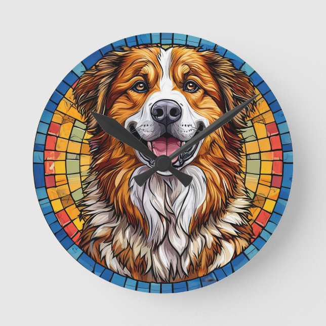 Reloj Redondo Mediano Perro sonriente en fondo de mosaico (Anverso)