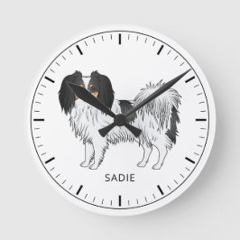 Reloj Redondo Mediano Perro Tricolor Phalène con Texto Personalizado