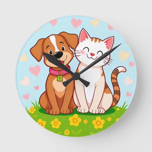 Reloj Redondo Mediano Perro y gato de caricatura lindo sentados juntos (Anverso)