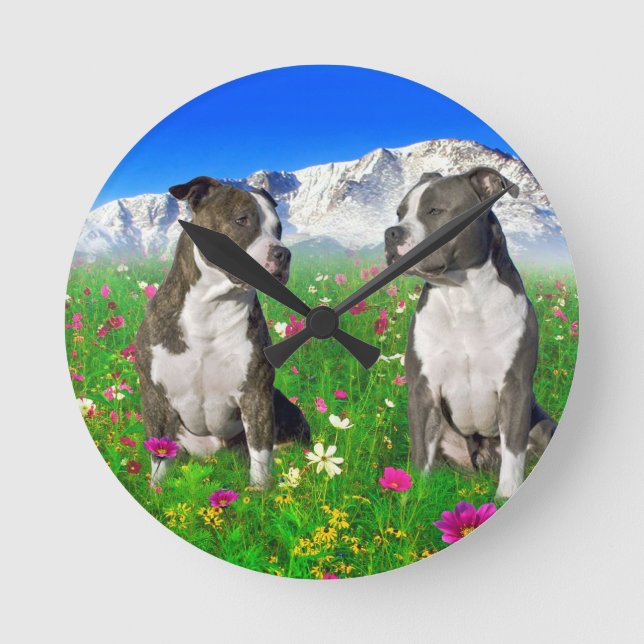 Reloj Redondo Mediano Perros Brindle y azules de Staffordshire y del (Anverso)