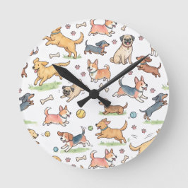 Reloj Redondo Mediano Perros Lindos Jugando en Todas Partes