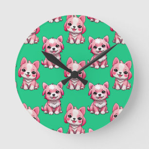 Reloj Redondo Mediano Perros rosados lindos - Verde 