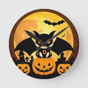 Reloj Redondo Mediano Personaje de gato de Halloween lindo con calabazas