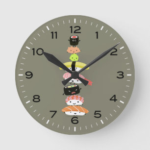 Reloj Redondo Mediano Personajes de Sushi Kawaii apilados