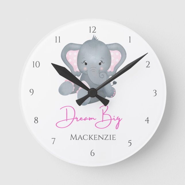 Reloj Redondo Mediano Personalice Dream Big Pink Grey Elephant Baby Girl (Anverso)