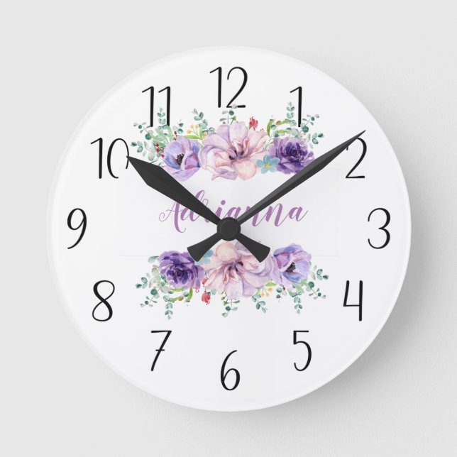 Reloj Redondo Mediano Personaliza Tu Propia Floral Púrpura (Anverso)