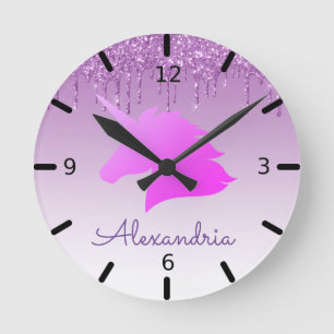 Reloj Redondo Mediano Personaliza tu propio unicornio morado Purpurina