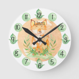 Reloj Redondo Mediano Personalizable Leaf Baby Fox Nursery Clock Medium
