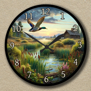 Reloj Redondo Mediano Personalizable Mallard volando por un lago tranqui