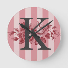 Reloj Redondo Mediano Personalizable Monograma Bandas rosadas Rosas de c