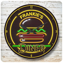 Reloj Redondo Mediano Personalizado AÑADIR NOMBRE Retro Faux Neon Burger