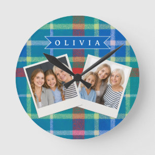 Reloj Redondo Mediano Personalizado Clásico Azul Cuadros Preppy a Medida