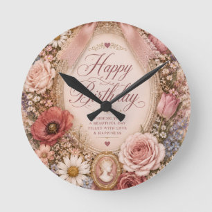 Reloj Redondo Mediano Personalizado Cumpleaños Romántico Vintage lazo Fl