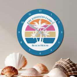 Reloj Redondo Mediano Personalizado Cute Beach House Palm Trees Azul