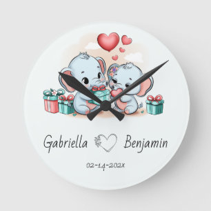Reloj Redondo Mediano Personalizado Cute Elephant Lover Día de San Valen