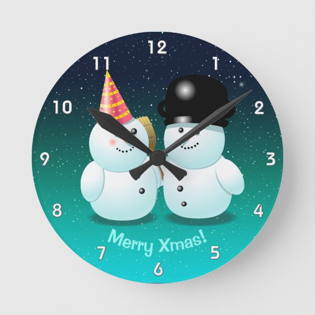 Reloj Redondo Mediano Personalizado Cute Snowmen (Anverso)