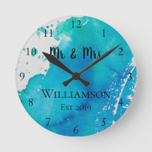 Reloj Redondo Mediano Personalizado de Acuarela Azul y Blanco Personaliz