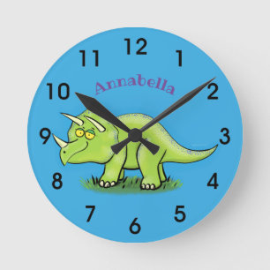 Reloj Redondo Mediano personalizado de dinosaurios de triceratops verde 