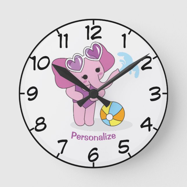 Reloj Redondo Mediano Personalizado de elefante morado y adorable (Anverso)