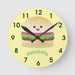 Reloj Redondo Mediano Personalizado de hamburguesa kawaii feliz 24 horas