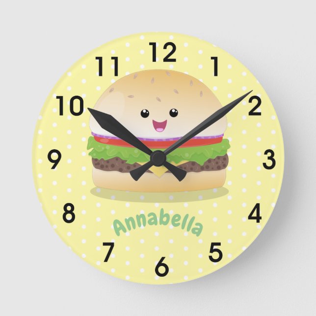 Reloj Redondo Mediano Personalizado de hamburguesa kawaii feliz 24 horas (Anverso)