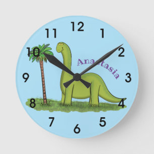 Reloj Redondo Mediano personalizado de los dinosaurios verde brontosauro