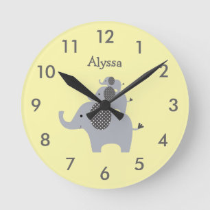 Reloj Redondo Mediano Personalizado elefante amarillo y gris