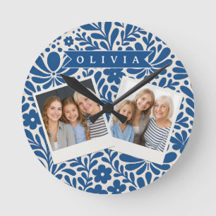 Reloj Redondo Mediano Personalizado Floral Folclórico Azul Nórdico Perso