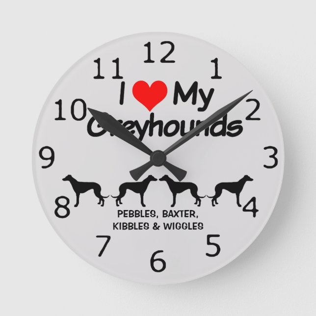 Reloj Redondo Mediano PERSONALIZADO I Love My Four Greyhound Dogs (Anverso)