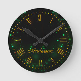 Reloj Redondo Mediano Personalizado Nombre Familia Luz Verde Bokeh Elega