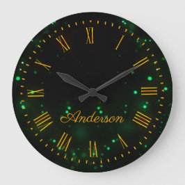 Reloj Redondo Mediano Personalizado Nombre Familia Luz Verde Bokeh Elega