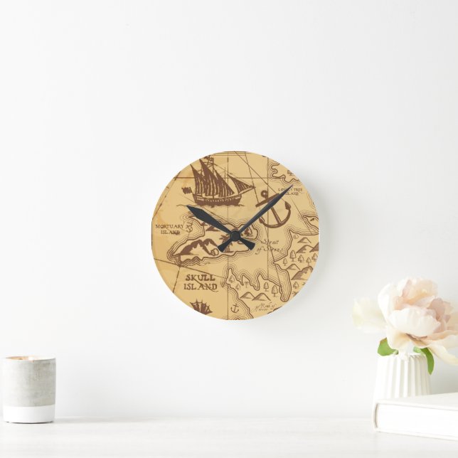 Reloj Redondo Mediano Personalizado Pirate mapa punto de tierra Familia (Hogar)