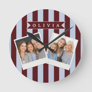 Reloj Redondo Mediano Personalizado Preppy Miel Azul Cabana a Rayas