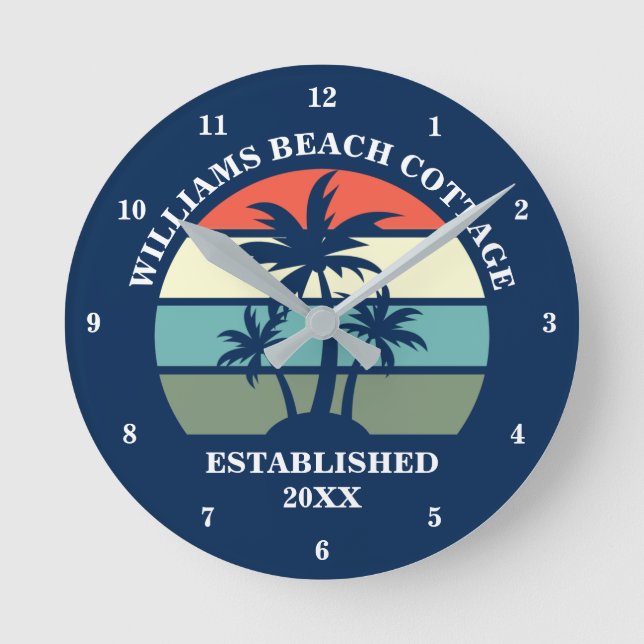 Reloj Redondo Mediano Personalizado residencial Blue Beach House Palm Tr (Anverso)
