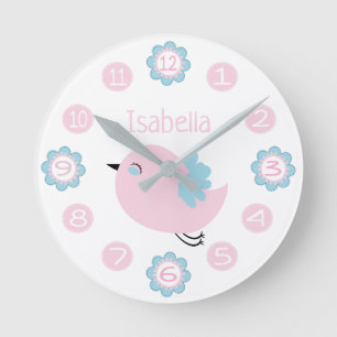 Reloj Redondo Mediano Personalizado rosado y azul lindo de la flor y del