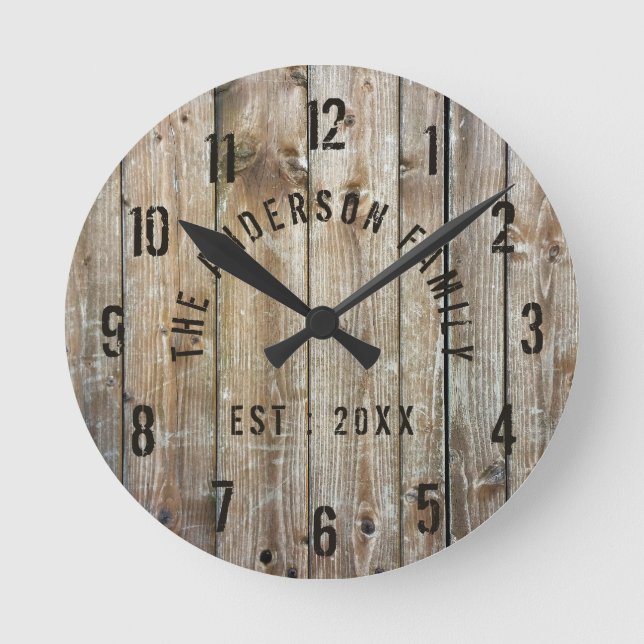Reloj Redondo Mediano Personalizado Rústico de la Madera Familia Nombre  (Anverso)