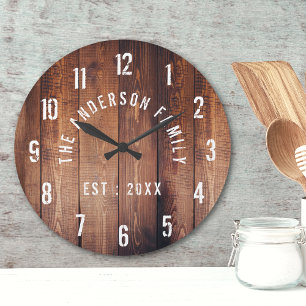 Reloj Redondo Mediano Personalizado Rústico de la Madera Familia Nombre