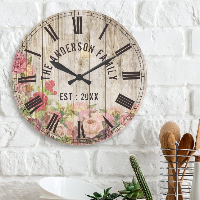 Reloj Redondo Mediano Personalizado Rústico de Madera Floral Nombre Fami (Subido por el creador)