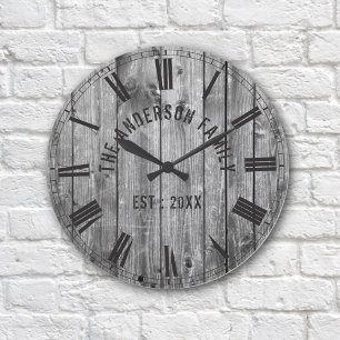 Reloj Redondo Mediano Personalizado Rústico De Madera Gris Nombre Famili