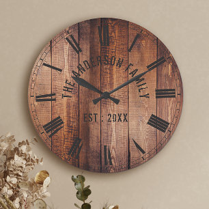 Reloj Redondo Mediano Personalizado Rústico de Madera Marrón Nombre Fami