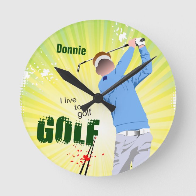 Reloj Redondo Mediano Personalizado Vivo en Golf Golfer Clock (Anverso)